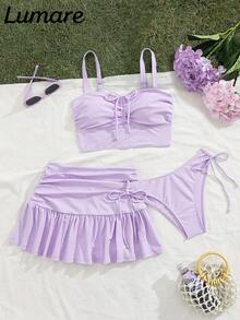 3pcs/Set Women's Solid Color Sexy Casual Sports Camisole Top And Drawstring Swim Shorts, Ruffled Hem Pleated Mini Skirt, Medium Stretch Fabric, Holiday Bikini Swimsuit Set, Suitable For Vacation, Beach, Pool Activities, Seaside Beach Party, Summer - Purple - View 1