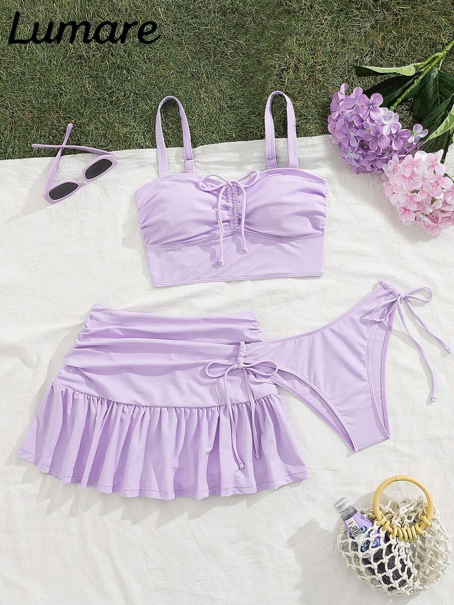 3pcs/Set Women's Solid Color Sexy Casual Sports Camisole Top And Drawstring Swim Shorts, Ruffled Hem Pleated Mini Skirt, Medium Stretch Fabric, Holiday Bikini Swimsuit Set, Suitable For Vacation, Beach, Pool Activities, Seaside Beach Party, Summer - Purple - View 1