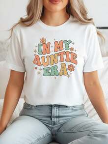 "In My Auntie Era" Short Sleeve T-Shirt, 100% Cotton, Crew Neck, Retro Style, Wavy Font, Graphic Tee, Cool Gift For Aunt, Sister, Gift To Announce The Arrival Of A New Aunt, Vintage Style Aesthetic Top, Fun Family Clothing, Soft, Breathable, Casual, Summer Fashion - 1Leisure - 白色 5 - 查看 7