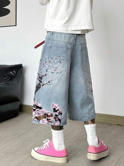 1pc Hearty Haven American Streetwear Embroidered Denim Loose Fit Casual Shorts, Comfortable Wide Leg Pants, Personalized Street Style Mid-Length Shorts (No Belt Or Accessories)