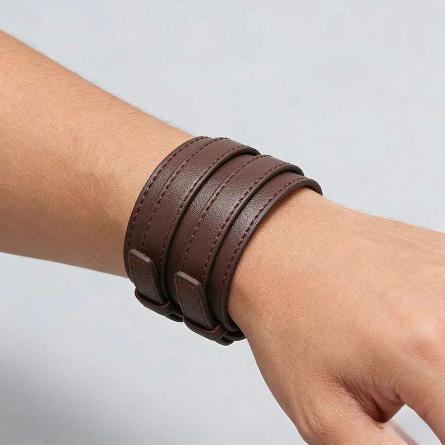 1 buah Gelang Kulit Lebar Multilayer Cokelat Tua Gaya Motor Vintage, Cocok Sebagai Hadiah Untuk Teman - Coklat - View 1