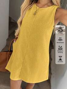 Vestido casual de mujer de línea A sin mangas a rayas con bolsillos acolchados, conjunto elegante de vacaciones, estilo retro lujoso - Amarillo - Ver 3