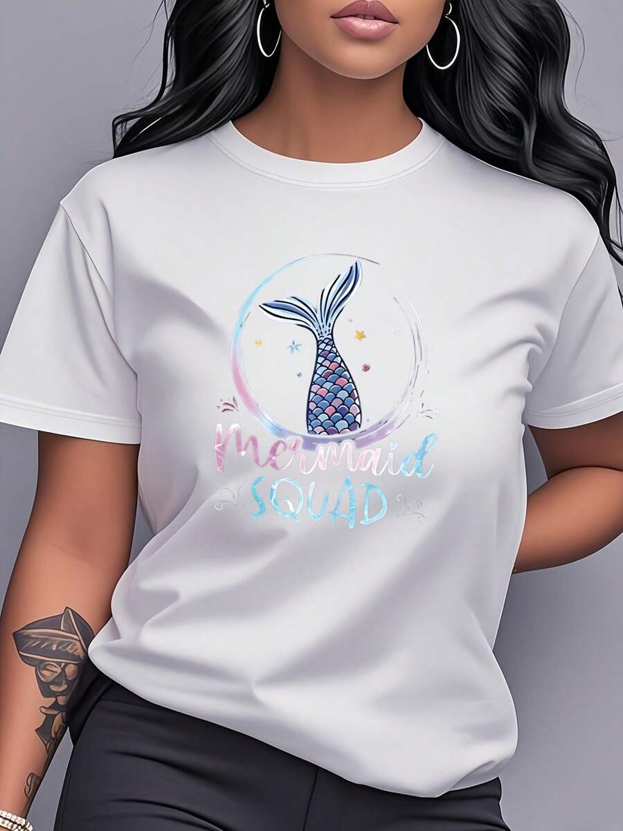 Camiseta con estampado de sirena, de manga corta y cuello redondo, ropa de mujer moderna, a la moda, única y versátil, adecuada para vacaciones de verano en la playa, uso diario casual y como regalo para amigas y hermanas. Camiseta de mujer de algodón puro con estampado. - Blanco - Ver 1