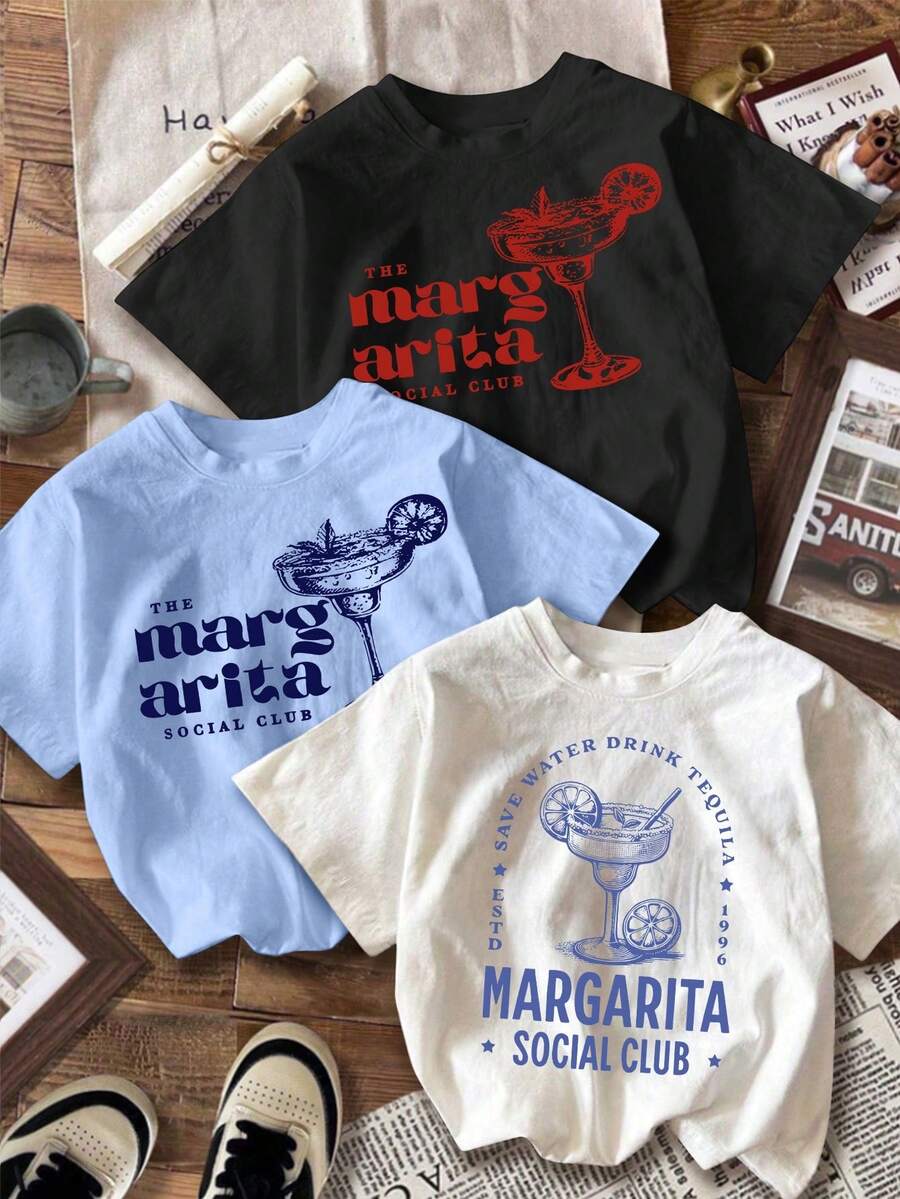 Conjunto de 1 pieza para mujer, camiseta con estampado de bebidas inglesas, estilo retro a la moda, camiseta deportiva casual de manga corta con cuello redondo, estampada, suave y cómoda para el verano. - Blanco - Ver 1