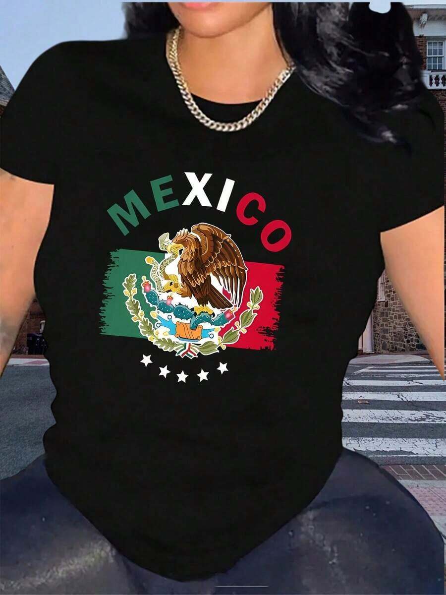 Women's Short Sleeve T-Shirt With Mexican Flag Print, Casual Summer Sports Top, Comfortable Knit Fabric, Polyester, Round Neck, Elastic, Patriotic Design, Fashionable T-Shirt For Ladies - Ideal For Summer, Vintage Graphic Oversized Cotton T-Shirt - 黑色 - 查看 1