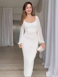 New Women's Dress Spring 2026, With Pleats, Solid Color, Fitted Waist, Elegant And Fashionable. - 白色 - 查看 4