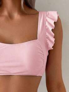 Conjunto de traje de baño para mujer, conjunto de unicolor con escote cuadrado tipo bandeau, tirantes con volantes - Rosa - Ver 4