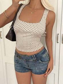 Top de punto con estampado de lunares blancos en estilo , blusa sin mangas adecuada para la playa, el trayecto y el uso casual de verano - Albaricoque - Ver 2