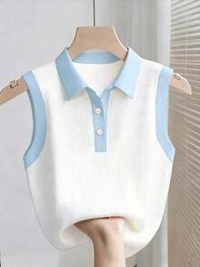 Parte superior sin mangas de contraste de color versátil casual para mujer, top blanco y negro, blusas de verano para mujer, blusas lindas y preppy, top de punto de verano sin mangas, camisa polo de punto para mujer, blusas de punto de verano par - Azul y blanco - Ver 6
