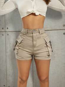 Rave Y2K Khaki Elastic Waist Flap Pocket Detailed Cargo Shorts, Casual & Comfortable Summer Shorts - Khaki - View 5