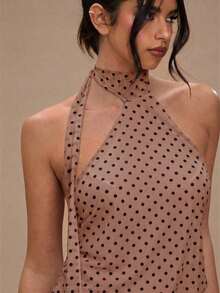 Vestido mini con cuello halter y espalda descubierta con estampado de lunares, para el verano - Marrón - Ver 5