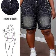 Plus Size Women's Fashionable Washed Rhinestone Denim Shorts, Summer - Multicolor - Ver 1