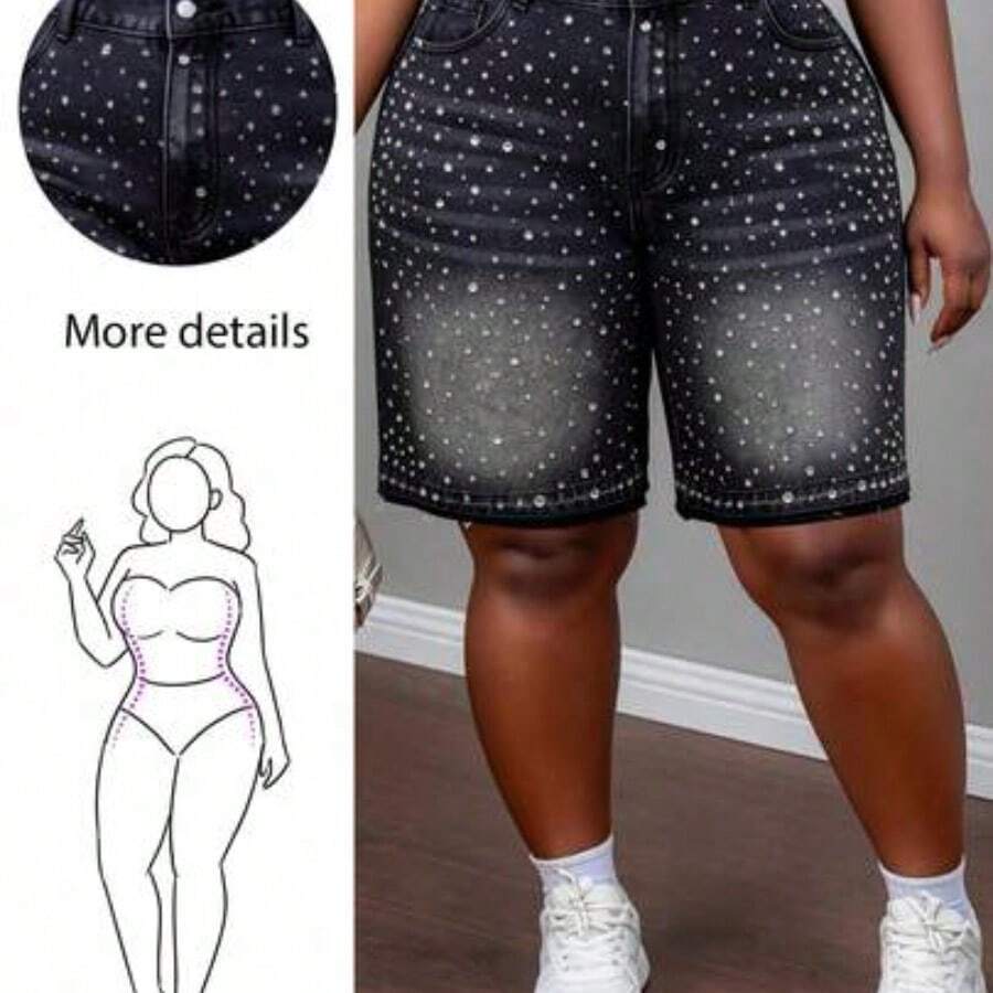 Plus Size Women's Fashionable Washed Rhinestone Denim Shorts, Summer - Multicolor - Ver 1