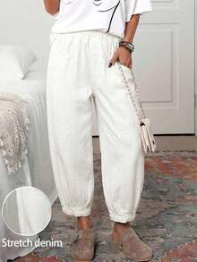 Pantalones vaqueros casuales de mujer con cintura con cordón y lavado vintage, pantalones casuales de mujer, pantalones de verano de mujer con cintura elástica, pantalones de mujer con bolsillos, pantalones caqui de mujer - Blanco - Ver 3