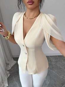 Blazer elegante y romántico para mujer con cuello en V, plisado y cintura ceñida - Albaricoque - Ver 9