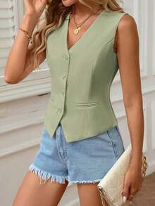 Chaleco sin mangas elegante y casual para uso diario en verano para mujeres - Verde - Ver 3