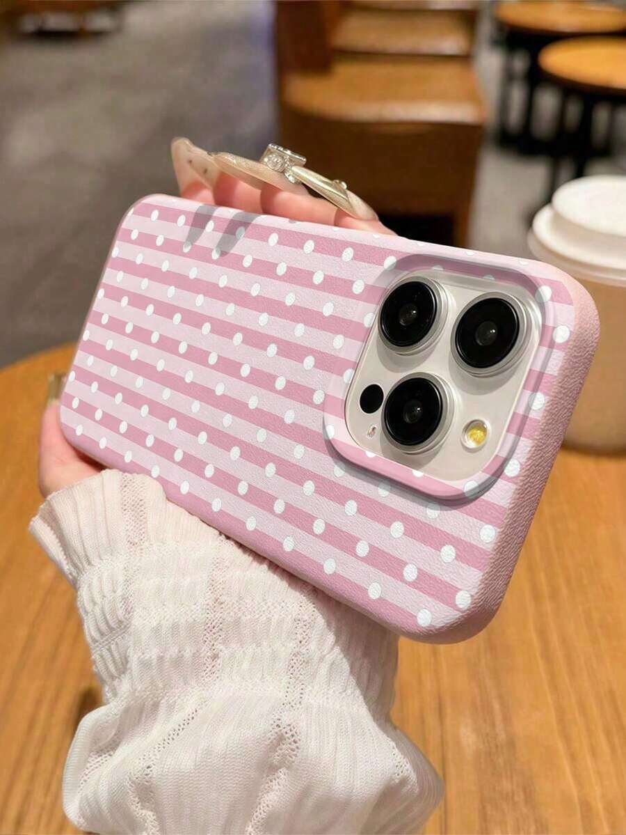 1pc Pink Polka Dot & Striped Pattern, Large Hole Leather Texture Pink Shock-Proof Phone Case, TPU Material, Suitable As Holiday Gift, Fits For IPhone 17/17Pro/17ProMax/16/16Pro/16ProMax/15/15Pro/15ProMax/14/14ProMax/14Pro/13/12/11 - Pink - View 1