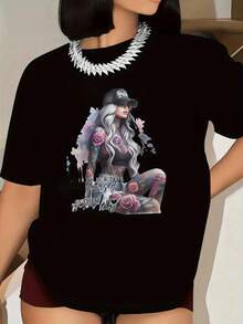 A Women's T-Shirt Featuring Y2K Retro Cartoon Art, Depicting A Tattooed Woman And A Rose Design, Along With The Phrase "Don't Judge Women". It's A Casual Short-Sleeved Top With A Crew Neck. - Black - View 2