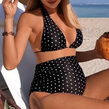 Conjunto de traje de baño de maternidad elegante y sofisticado con lunares negros, nueva llegada de traje de baño de mujer 2026 para la escuela, adecuado para vacaciones, citas, té de la tarde, estilo occidental, cruceros, playa, isla, viajes por carretera, todas las estaciones, festivales de música, vacaciones bohemias, vacaciones bohemias, otoño relajado, estilo occidental bohemio, blusas elegantes para mujer Conjunto de bikini de lunares de talle alto - 01 - Ver 2