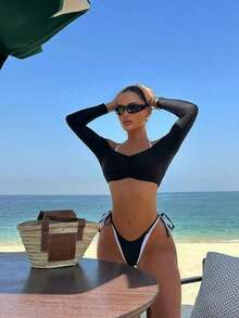 Conjunto de 3 piezas de traje de baño negro y blanco para mujer, conjunto de traje de baño casual y sexy de 3 piezas para resort de playa, conjunto de traje de baño de 3 piezas para mujer, Bottom de traje de baño para mujer, conjunto de playa negro y blanco para mujer - Blanco y Negro 2 - Ver 3