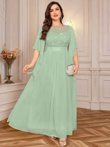 Elegant Sequin Lace Patchwork Chiffon Butterfly Sleeve Ruffle Hem Formal Party Maxi Dress - Mint Green - View 1