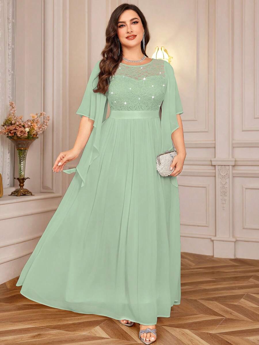 Elegant Sequin Lace Patchwork Chiffon Butterfly Sleeve Ruffle Hem Formal Party Maxi Dress - Mint Green - View 1
