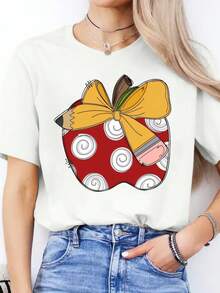 Camiseta Casual de Primavera Verano con Estampado de Letras en Español, Cuello Redondo, Manga Corta, Camiseta Deportiva, Top para Mujeres - Blanco - Ver 1