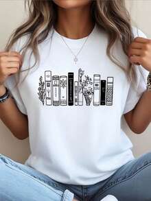 Camiseta de impresión de estantería blanca de las mujeres - regalo del amante del libro literario con iconos del libro y el autor, relado de manga corta con cuello redondo, desgaste transpirable de toda la tempor para escritores, bibliotecarios y lectores - Blanco - Ver 2