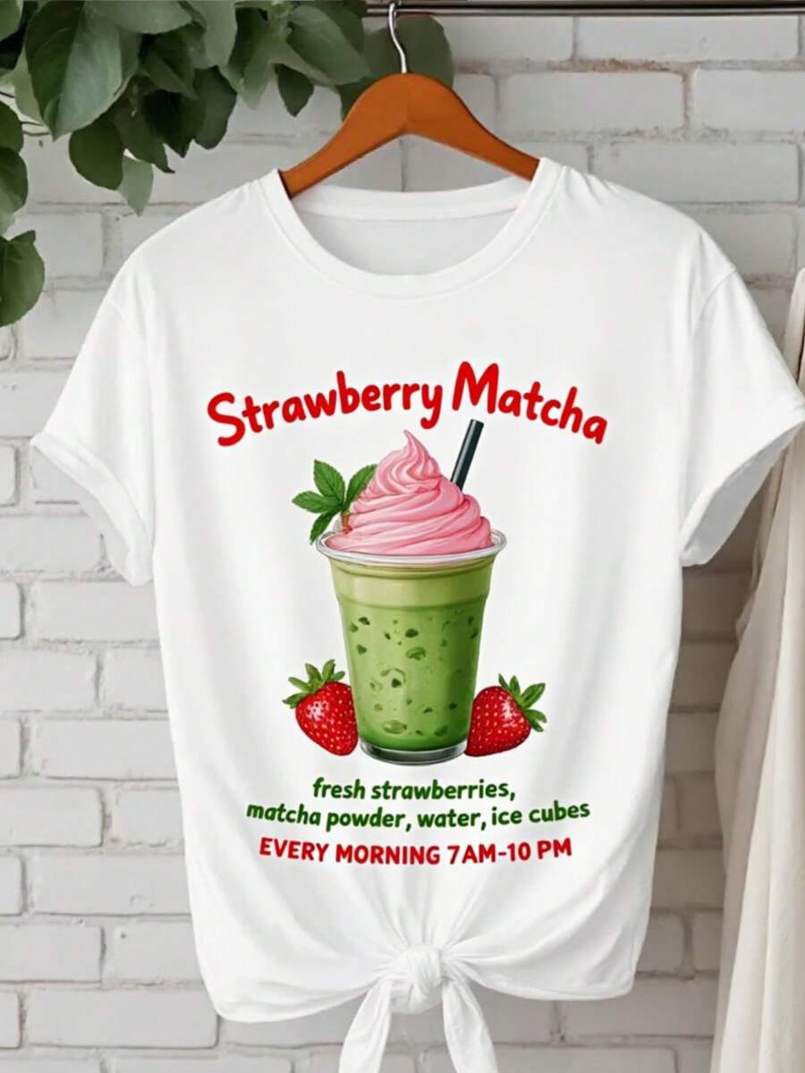 Fresa Matcha té verde fresco todas las mañanas 7am-10pm. Camiseta de manga corta de cuello de tulación blanco de verano de las señoras, camiseta de manga corta transpirable.