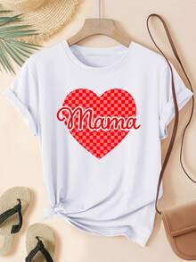 OversizeSlim Plus Size - Exclusivo para el Día de la Madre: Camiseta casual para mujer de talla grande, con estampado de corazón rojo 'MAMA' - Diseño suave de manga corta y cuello redondo, adecuada para usar en primavera, verano y otoño, linda. - Blanco - Ver 6