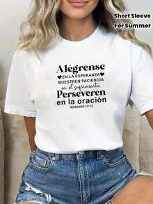 T-Shirt With Spanish Letter Print With Biblical Motifs, Short Sleeve, Round Neck, Casual Style For Summer And Spring, Women's Clothing - Urban Vintage Style, Unisex, Loose Fit, Made Of 100% Pure Cotton. - White - View 8