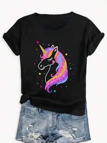 Women's Short Sleeve Cotton T-Shirt, Casual Unicorn Glitter Design T-Shirt - Loose Fit Summer Top With Rainbow And Star Comb Design, Breathable Crew Neck T-Shirt For Casual Wear, Machine Washable T-Shirt, Non-See-Through Fabric, Medium Elasticity T-Shirt. - 黑色 - 查看 3