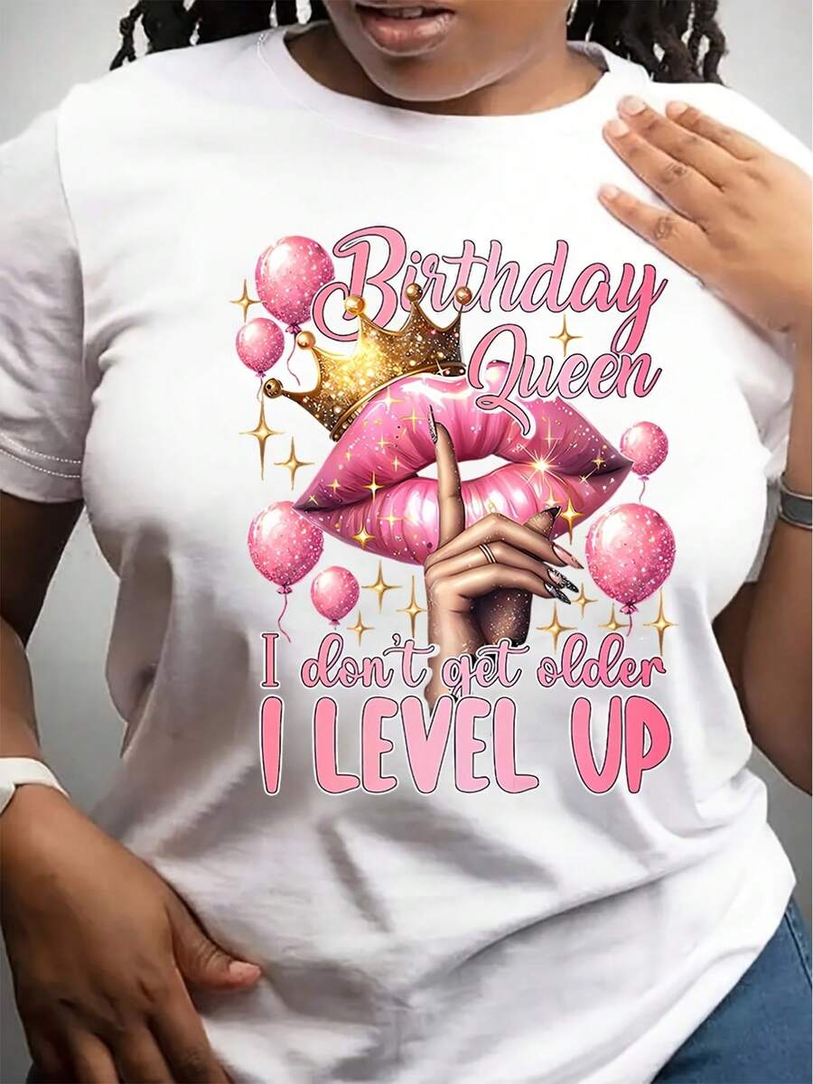 Women's Short-Sleeved Cotton T-Shirt With "Birthday Queen" Print, Round Neck, Casual Short-Sleeved T-Shirt For Spring And Summer, Women's Clothing. - 白色 - 查看 1