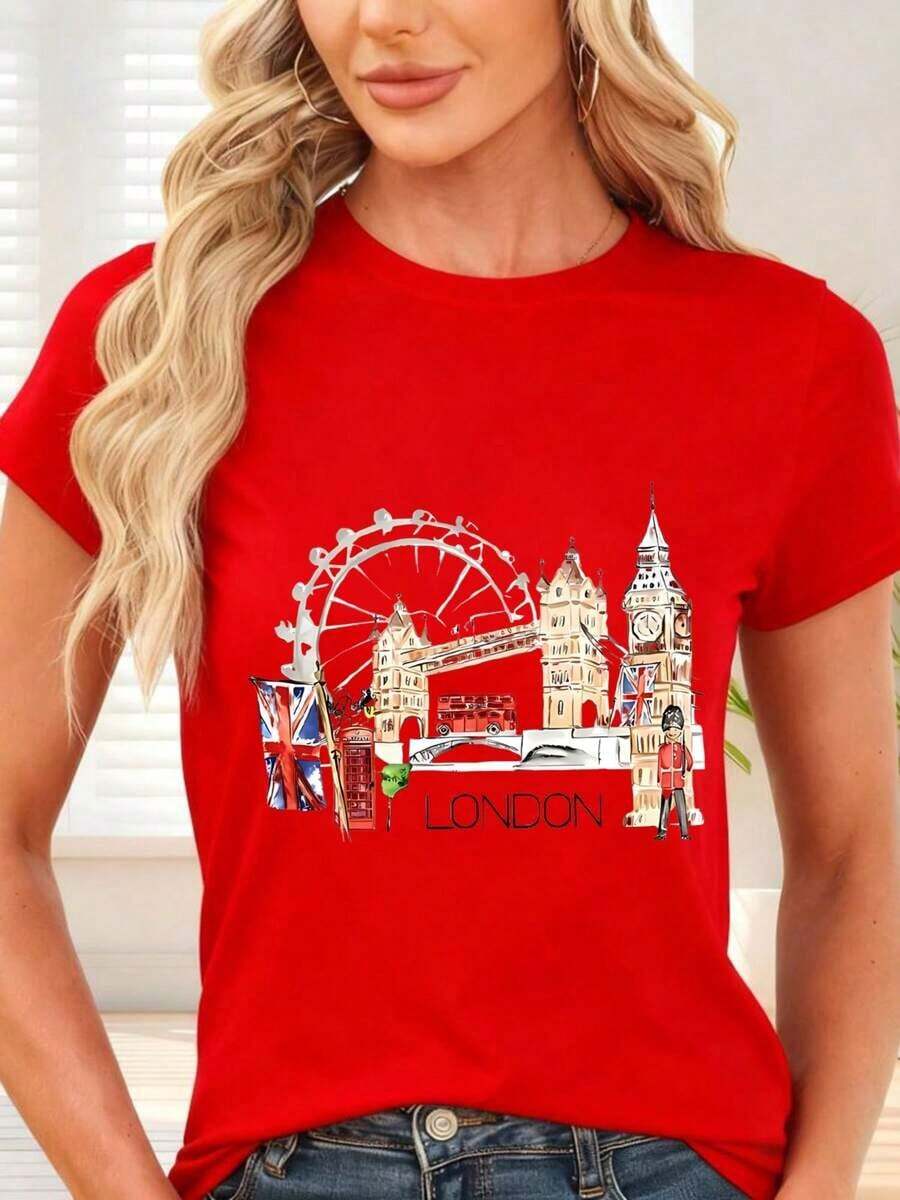 GiftCamiseta de con Estampado de Londres y Monumentos Iconicos para Viajes y OcioSoft - Rojo - Ver 1