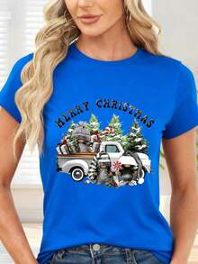 GiftCamiseta de Manga Corta Negra con Estampado de Camioneta Navideña y Merry Christmas - Ideal para Fiestas y Temporada Invernal Adapta a situaciones cotidianas, casuales y es versátil para combinarSoft - Azul - Ver 1