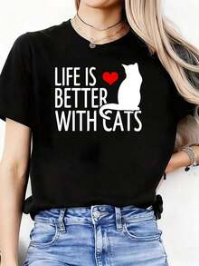 1 pieza Camiseta "La vida es mejor con gatos" para mujer, divertida, con estampado gráfico de gran tamaño, manga corta, novedosa, 100% algodón, cuello redondo, estilo casual, 180g, 100% algodón, los diseños están impresos. Unisexo. - Negro - Ver 1