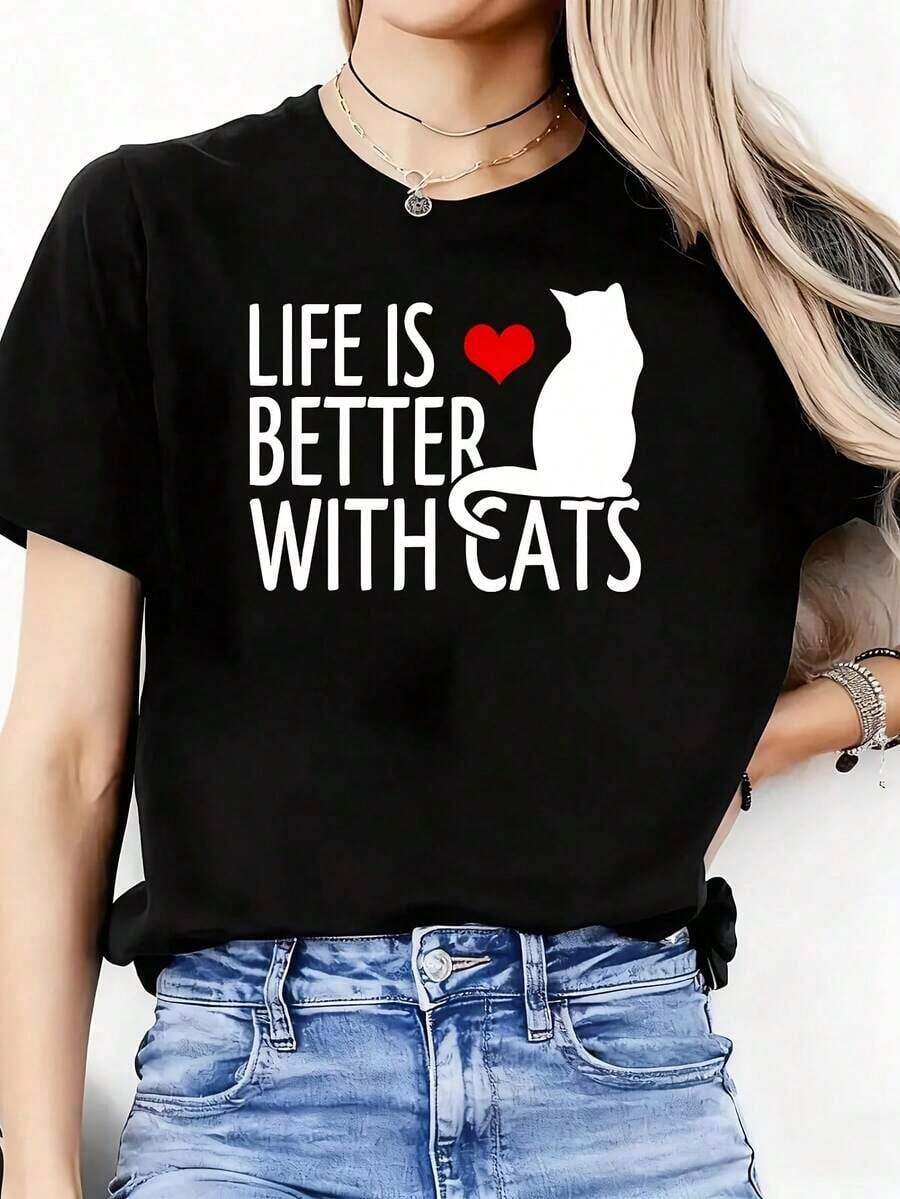 1 pieza Camiseta "La vida es mejor con gatos" para mujer, divertida, con estampado gráfico de gran tamaño, manga corta, novedosa, 100% algodón, cuello redondo, estilo casual, 180g, 100% algodón, los diseños están impresos. Unisexo. - Negro - Ver 1