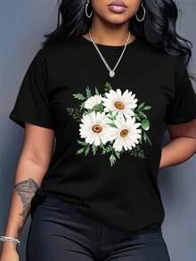 Camiseta Holgada para Mujer - Estampado de Margaritas en Blanco y Negro, Top Casual de Manga Corta, Transpirable, Cuello Redondo, Estilo Europeo de Verano, Camisa Cómoda para Uso Diariouna camiseta estampada muy distintiva / estilo unisex / adecuada tanto para hombres como para mujeres / resistente a las arrugas / transpirable - Negro - Ver 9