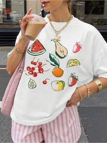 Camiseta de manga corta con cuello redondo para mujer, blusa con estampado de frutas como sandía, pera, fresa, cereza, limón, naranja y higo, blusa de uso diario con un colorido diseño de frutas. Camiseta Y2k - Blanco - Ver 1
