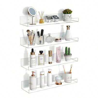 2 Sets Acrylic Floating Shelves, 20/30/40cm Wall Mounted Bathroom Storage Racks, Comes With Screws And Adhesive Hooks, Scratch-Resistant Transparent Display Racks For Skincare, Books And Home Decor
