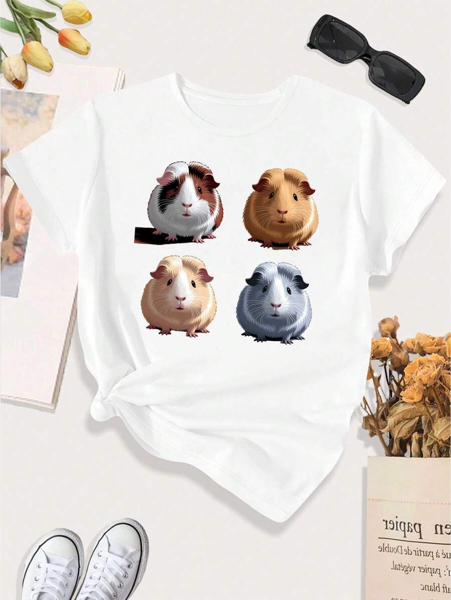 [Print Design]Stylish Large Women'S Casual Sports Tee Featuring Adorable Guinea Pigs[Suitable For Leisure And Sports Activities] - Multicolor - View 1