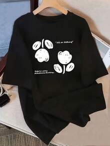 Women's Pure Cotton T-Shirt, Short Sleeve, With Unique Printed Design, Casual Minimalist Style, New Summer T-Shirt With Loose Fit And Slimming Effect For Students And Ladies - 黑色 - 查看 5