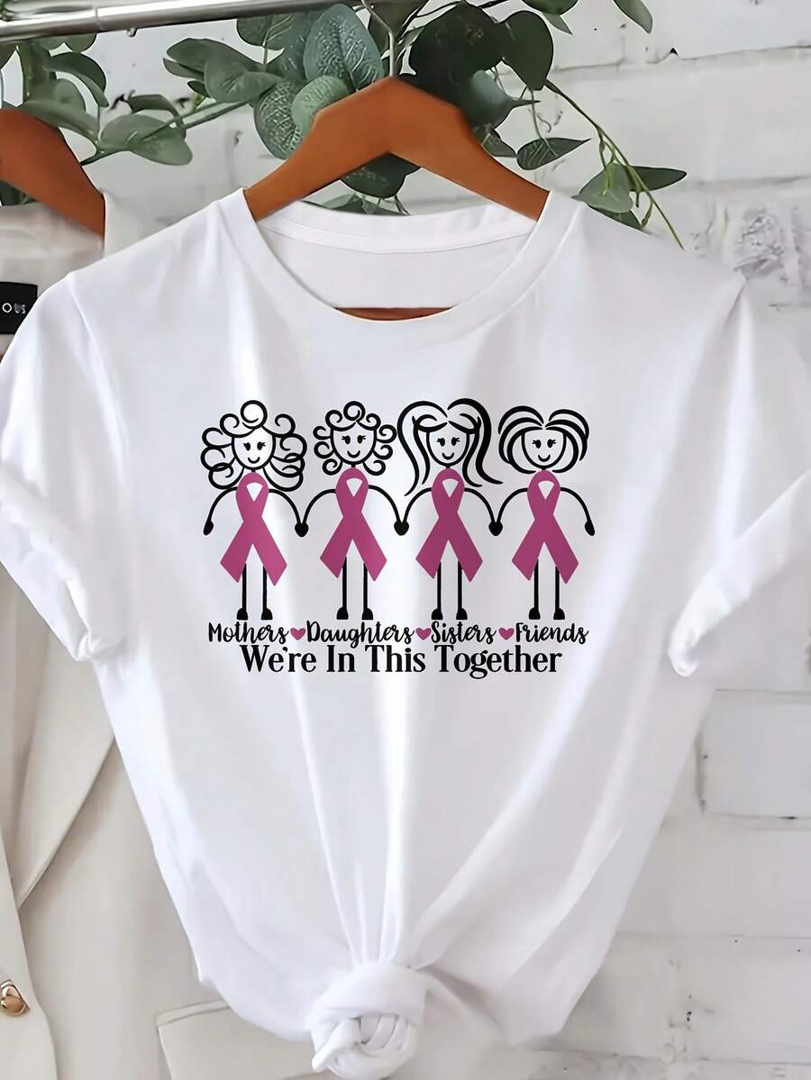 Camiseta Vintage de Edición Limitada para Mujer Pasemos por esto juntas con Diseño de Amor Hermanesco - Camiseta con estampado rosa y negro, con un diseño de cuatro mujeres tomadas de la mano, top casual de manga corta y cuello redondo, de algodón ligero. - Blanco - Ver 1