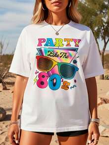 Camiseta Vintage de los 80s con Estampado Neón para Mujer - Blanca, para Fiestas Temáticas de los 80s, con Manga Corta y Cuello Redondo, Top para Fiestas Temáticas de los 80s, Lavable a Máquina, Ropa Casual y Accesorio de Disfraz Retro (Estilo Neón) - Camiseta Vintage de Estilo Urbano Unisex, Holgada, de Algodón, Manga Corta y Cuello Redondo - Blanco - Ver 7