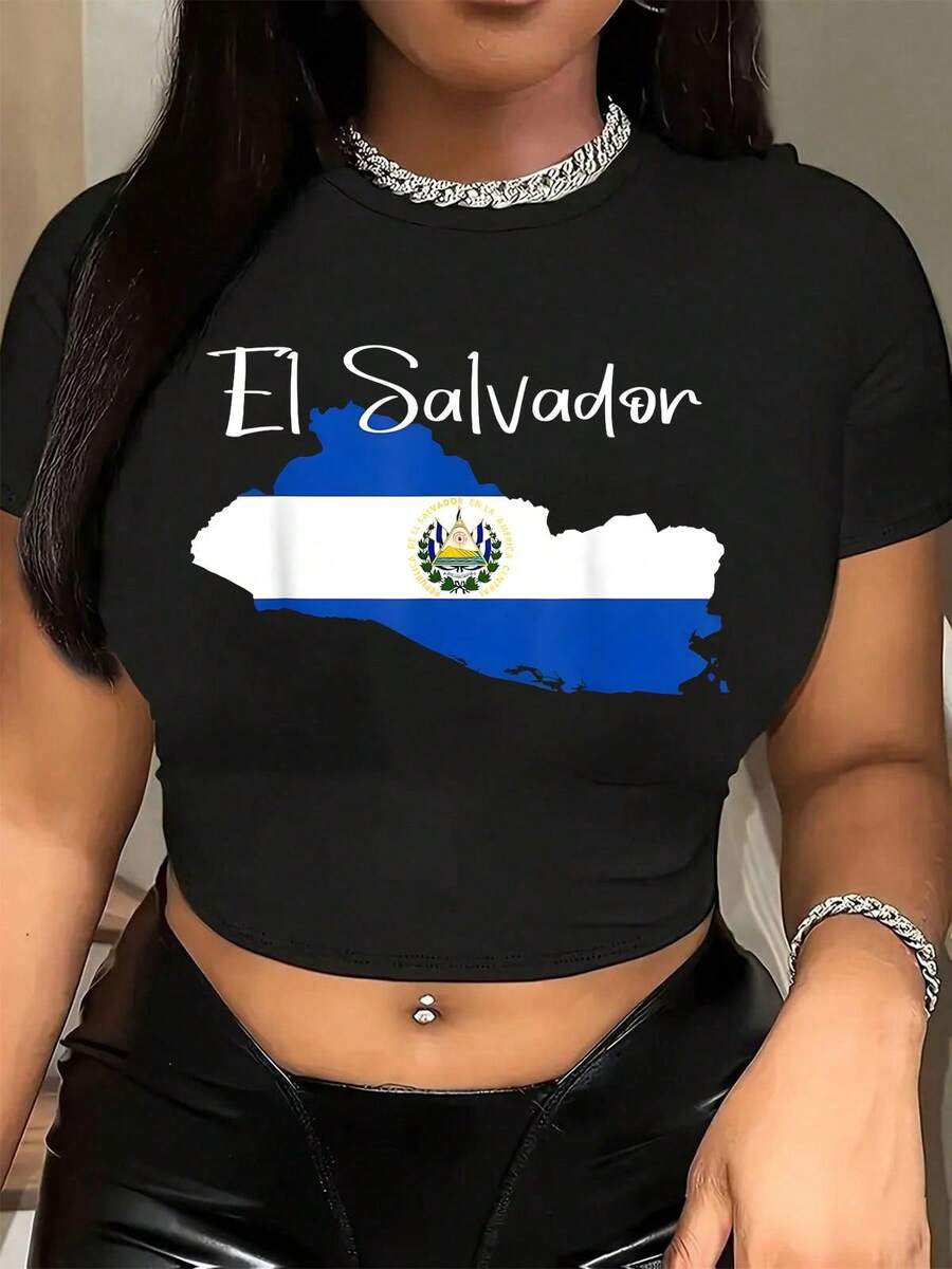 Women's El Salvador Flag Map Print Crop Top, Casual Short Sleeve T-Shirt For Salvadoran Pride, Cultural Celebrations & Daily Wear - Black - View 1