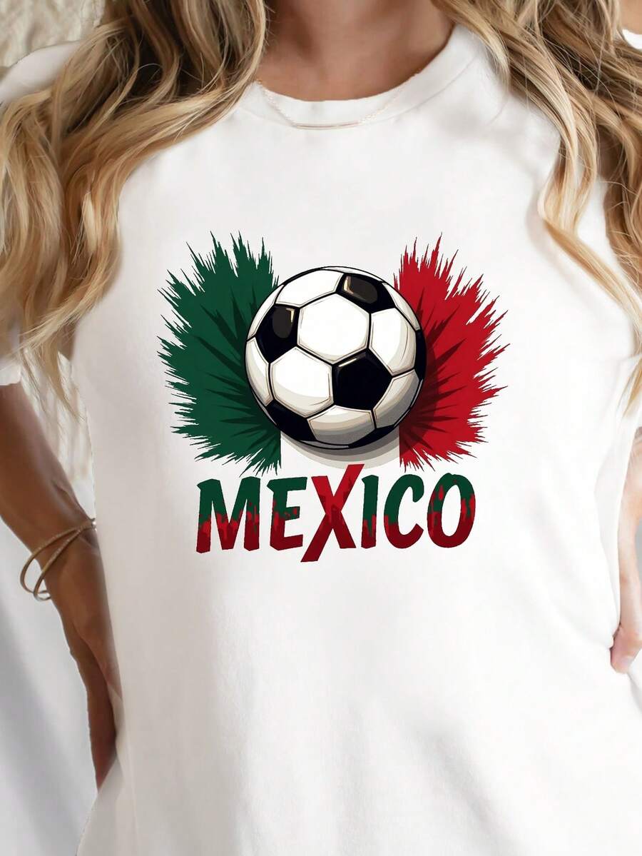 Camiseta Casual de Manga Corta con Diseño de Balón de Fútbol y Orgullo Mexicano, Perfecta para Primavera y Verano, Diseñada para Mujeres - Blanco - Ver 1