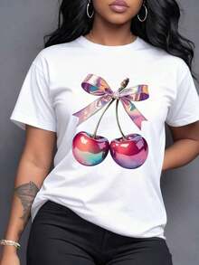 Dos cerezas brillantes con un lazo iridiscente que simboliza la dulzura la conexión y un toque de fantasía moderna ideal para expresar una personalidad vibrante alegre y muy original femenina Camiseta de mujer 100% algodón,maija mujer curvy. - Blanco - Ver 1