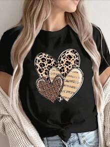 Women's Clothing: Pure Cotton Summer T-Shirt With Leopard Print And Heart Pattern, Short Sleeves, Suitable For Casual Wear At Home, Office, Or Cafe. Lightweight And Durable, Fashionable And Classic Color, A Perfect Everyday Shirt For Women. - 黑色 - 查看 6