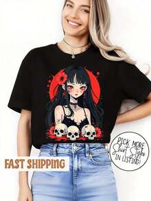 Under The RadarCamiseta Gótica Kawaii Anime para Mujer - Estética de Horror Cute y Espeluznante con Personajes de Manga Japonés, Suave, Ligera y Transpirable, Cuello Redondo y Manga Corta para PrimaveraVerano, Uso Casual, Convenciones de Anime y Atuendos Diarios - Estilo Gótico Kawaii, Blanca con Estampado Anime Rojo y Negro, Patrón Geométrico, Corte Relajado, Estética Gótica Edgy, Perfecta para Fans del Anime, Moda Kawaii Goth, Cómoda para Ropa Casual, Temporada PrimaveraVerano, Diseño Inspirado en Anime-Vintage Street Style Unisex Loose Cotton Short Sleeve Crew Neck T-Shirt - Negro - Ver 6