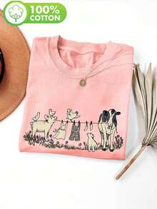 Top Casual de Primavera y Verano para Mujer, Estilo Vintage, Estampado Animal, Cuello Redondo, Camiseta de Manga Corta. - Albaricoque - Ver 8